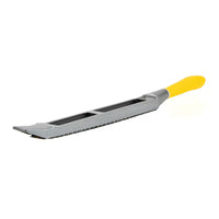 The STANLEY® SURFORM FLAT FILE - REGULAR CUT 10IN (250MM) has a flat, rectangular serrated blade and an ergonomic yellow handle. Ideal for shaping and smoothing wood or other materials with precision and comfort.