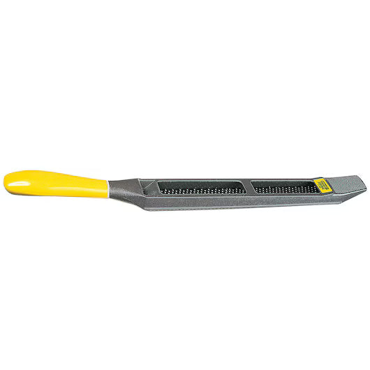 The STANLEY® SURFORM FLAT FILE - REGULAR CUT 10IN (250MM) is a metal hoof rasp with coarse teeth, a yellow plastic handle, and beveled end, ideal for trimming, shaping, and smoothing horse hooves—similar to a woodworking file.