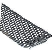 A close-up of a black sheet of metal lath with a diamond pattern, resembling the STANLEY 5-1/2 IN SURFORM® POCKET FINE CUT REPLACEMENT BLADE, with one edge slightly bent. Commonly used in construction and woodworking.