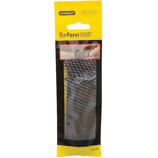The STANLEY 5-1/2 IN SURFORM® Pocket Fine Cut Replacement Blade comes in yellow and black packaging with a clear window showing the blade, and features an image of this essential woodworking tool in use on the top section.