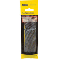 The STANLEY 5-1/2 IN SURFORM® Pocket Fine Cut Replacement Blade comes in yellow and black packaging with a clear window showing the blade, and features an image of this essential woodworking tool in use on the top section.