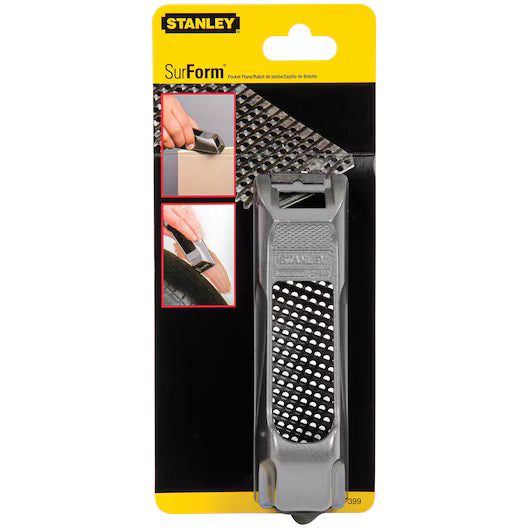 STANLEY 6 IN SURFORM® POCKET PLANE in original packaging, featuring a metal grater-style surface and ergonomic handle for shaping wood and other materials. Product branding and usage images included.