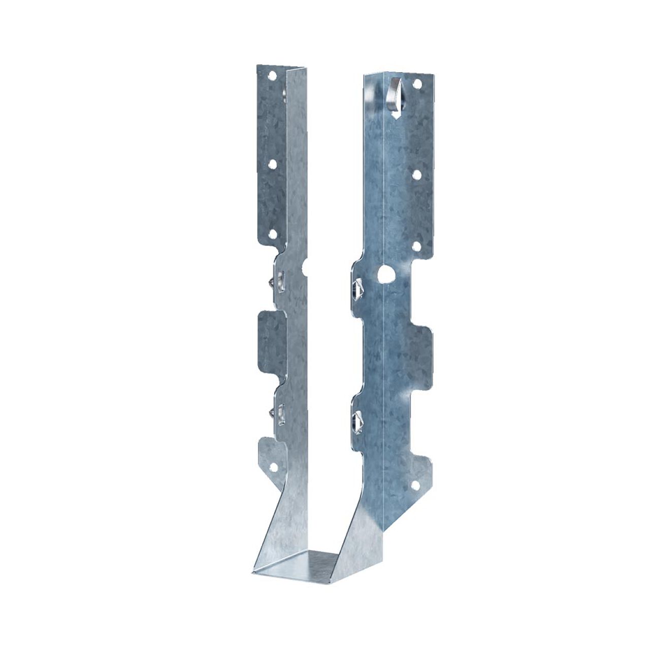 The Go Build ZMAX Face-Mount Concealed-Flange Joist Hanger for 2 x 10 features a U-shape, galvanized finish, and pre-drilled holes for easy installation, making it perfect for securing beams or joists in wood construction projects with durability and strength.