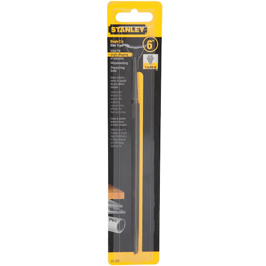 The STANLEY 6 IN SINGLE-CUT SLIM TAPER FILE comes in a yellow and black blister pack and is perfect for sharpening, woodworking, and general tasks.