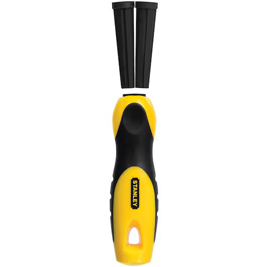 A yellow and black STANLEY 4.5 IN BI-MATERIAL FILE HANDLE with an ergonomic grip is shown on a white background, accompanied by two interchangeable black bits placed above it.