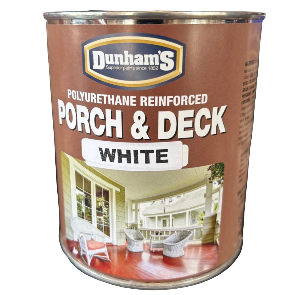 A can of DUNHAM Premium Odorless Semi-Gloss Interior Latex Paint in Ultra White or Deep Black, a quick-dry, easy-clean formula ideal for durable and lasting interior protection.