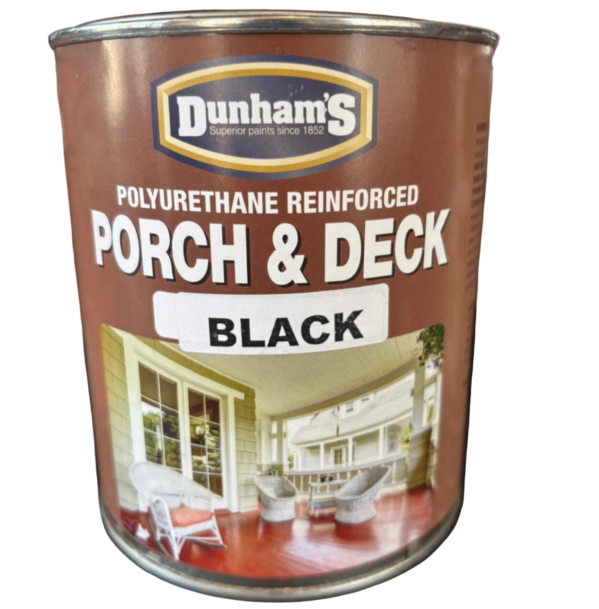 A can of DUNHAM Premium Odorless Semi-Gloss Interior Latex Paint in Deep Black, featuring a quick-dry, easy-clean formula for lasting results. Label highlights its durable finish in ultra white and deep black color options.