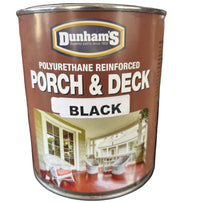 A can of DUNHAM Premium Odorless Semi-Gloss Interior Latex Paint in Deep Black, featuring a quick-dry, easy-clean formula for lasting results. Label highlights its durable finish in ultra white and deep black color options.