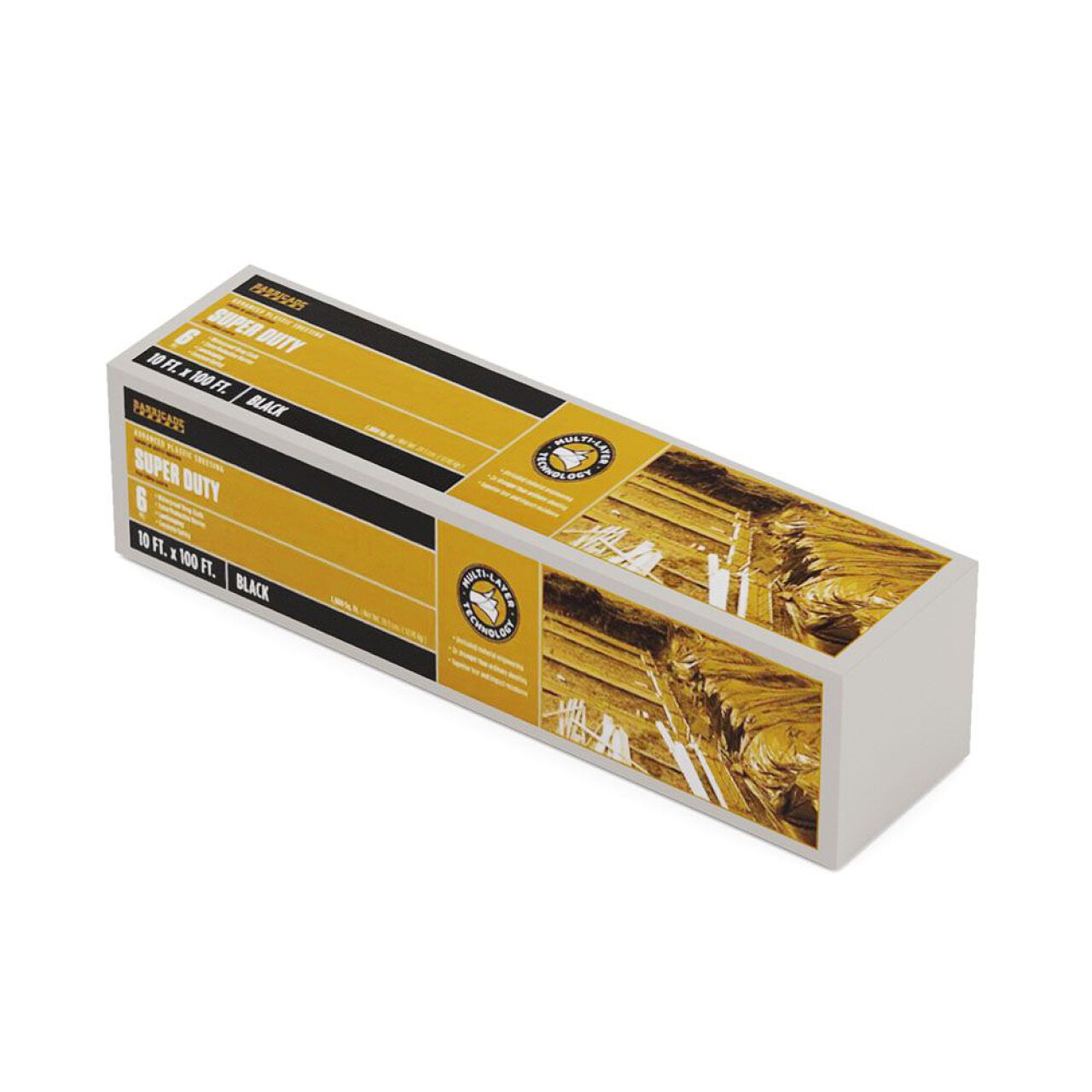 A rectangular box of Go Build 20 ft. x 100 ft. (2000 sq. ft.) Black Plastic Sheeting features yellow and black branding, specs, and images of gold pipes and industrial settings, highlighting its use for construction or as a vapor barrier.