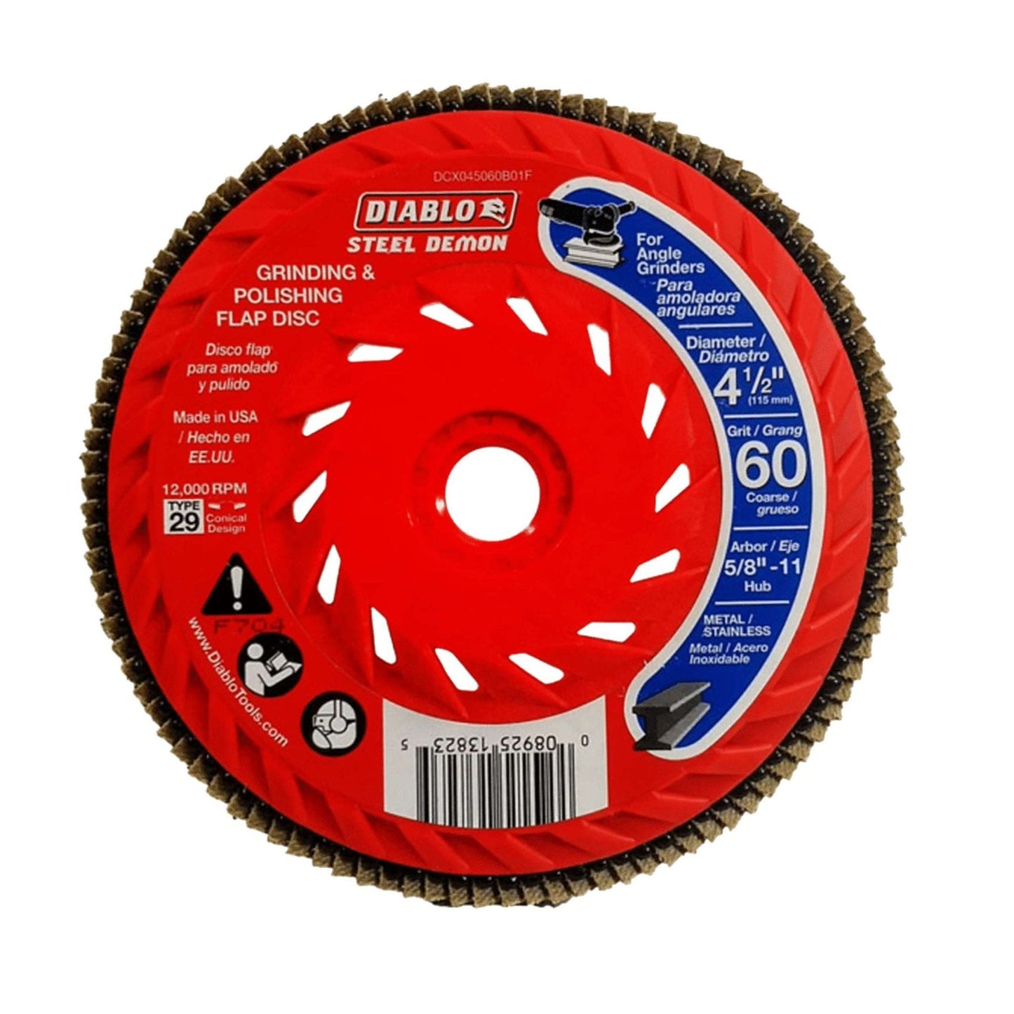 The Diablo DCX045060B01F Steel Demon™ flap disc offers efficient grinding and polishing with its zirconium grain. It measures 4.5 inches, has 60 coarse grit, operates up to 12,000 RPM, features brown edges, and comes in bilingual packaging. Made in the USA for metal use with a speed hub.
