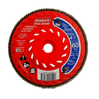 The Diablo DCX045060B01F Steel Demon™ flap disc offers efficient grinding and polishing with its zirconium grain. It measures 4.5 inches, has 60 coarse grit, operates up to 12,000 RPM, features brown edges, and comes in bilingual packaging. Made in the USA for metal use with a speed hub.