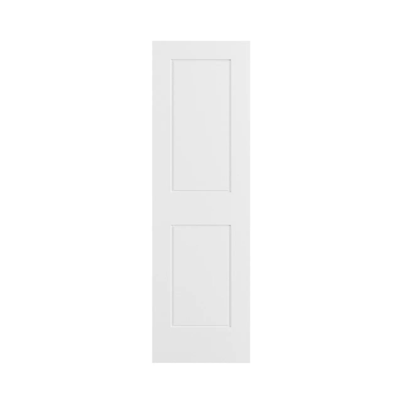 The Go Build 24 in. x 80 in. Cambridge Primed Smooth MDF Door Slab, Hollow-Core, features two vertical recessed panels and a white rectangular design with recycled content, shown against a plain white background.