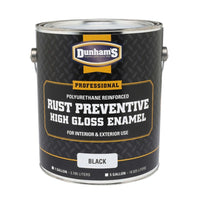 A 1-gallon can of DUNHAM Dunham Rust-Preventive High-Gloss Enamel Paint, polyurethane-reinforced for interior/exterior use. The black can features a metal handle with bold white and yellow label text.