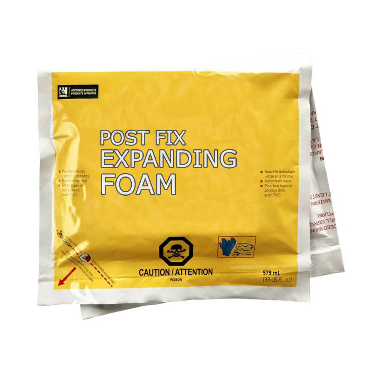 A yellow and white package labeled Go Build 33 fl. oz. Fence Post Mix, The Fastest Way To Build, similar to Sika Fence Post Mix, features caution symbols and printed safety warnings with usage directions on the fast-setting foam.