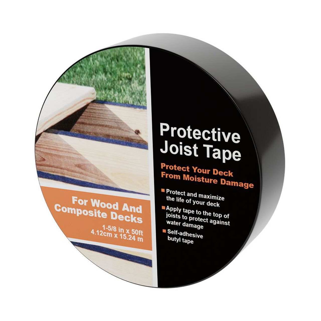 Go Build 1-5/8 in. x 50 ft. Butyl Joist Tape: Round black roll with label showing tape on deck boards. Protects wood and composite decks from moisture damage—easy self-adhesive application from The Fastest Way To Build.