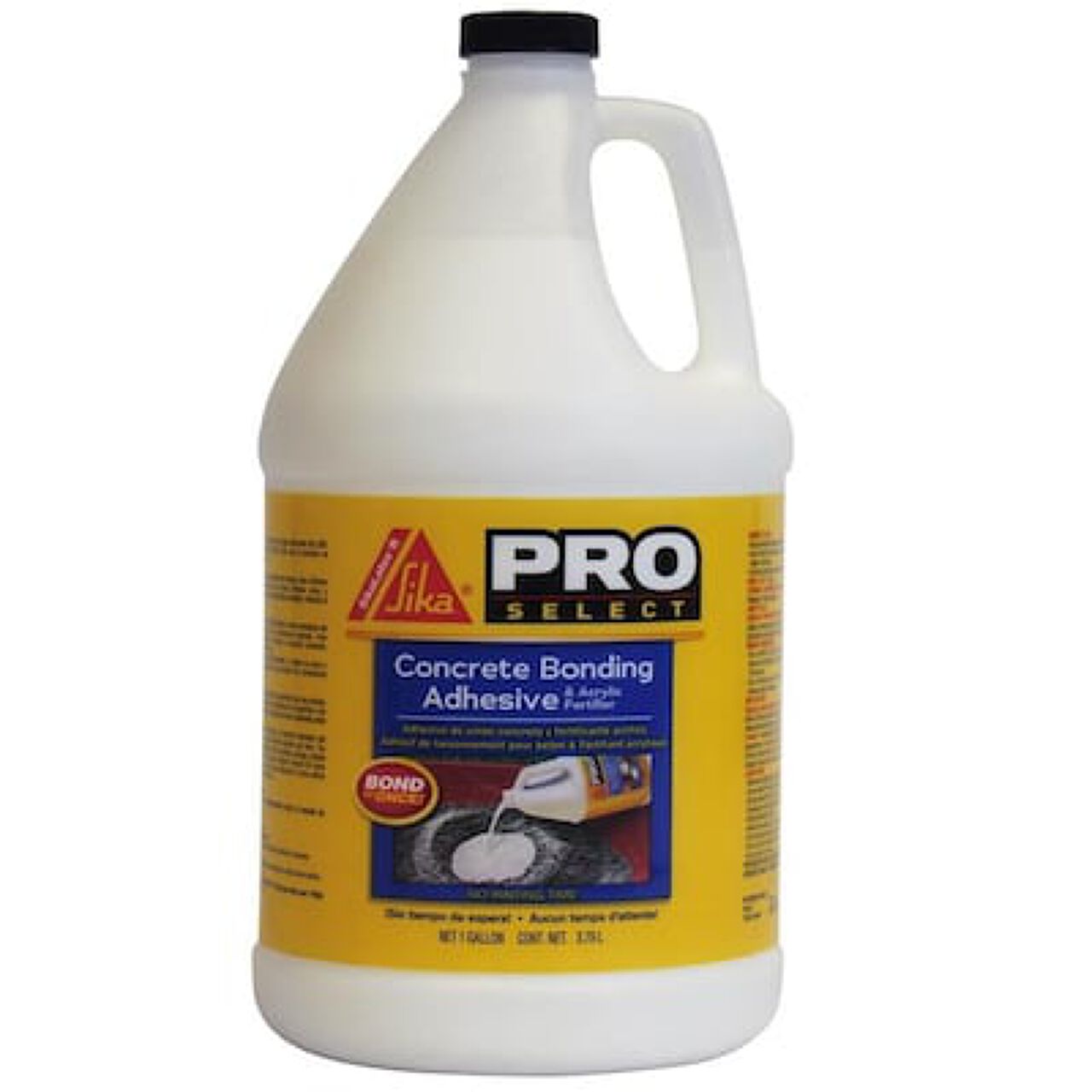 A white 1 gal. Masonry Bonding Agent by Go Build, The Fastest Way To Build, features a yellow label, black cap, and product details with images showing concrete and mortar mixes forming a strong chemical bond.