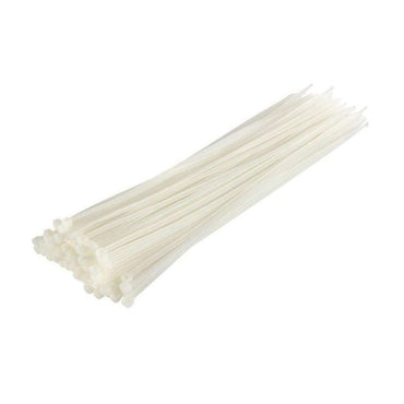 A pack of G FORCE 25220 4 in. x 3/32 in. nylon clear cable ties (100/Pk) neatly arranged against a white background.