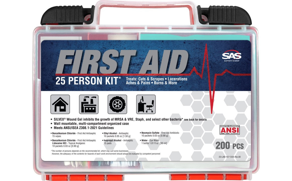 The SAS First Aid Kit - Class A - 25 Person is a clear plastic kit labeled for 25 people, with icons and text detailing its 200 pieces for treating cuts, burns, aches, and more. OSHA & ANSI compliant. Brand: SAS.
