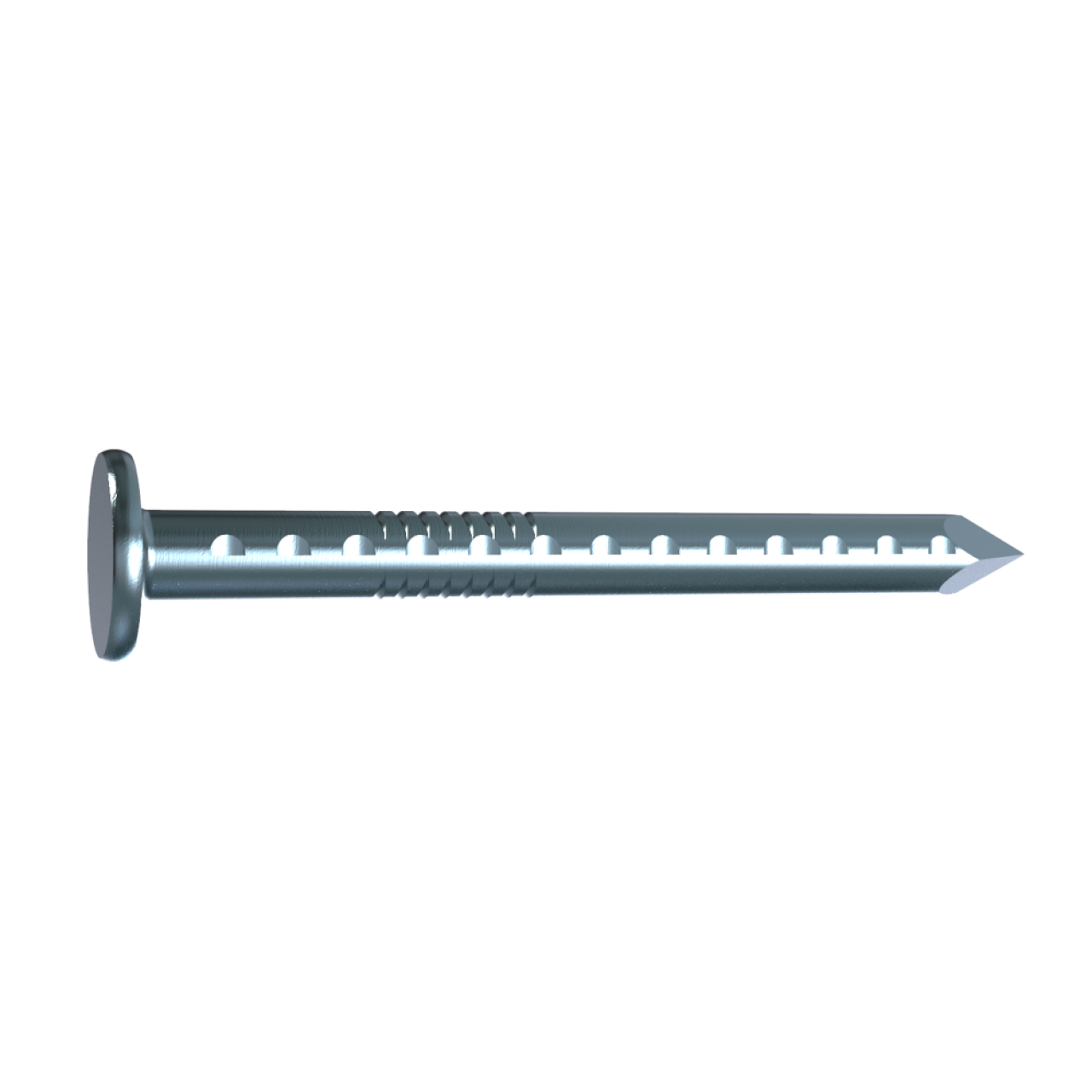 A close-up shows a Go Build #9 x 1-1/2 in. Joist Hanger Nail with threading and a pointed tip on the right, and a flat head on the left. Its galvanized finish is perfect for outdoor use, standing out against a plain white background. Comes in a 1 lb. pack (125 nails).