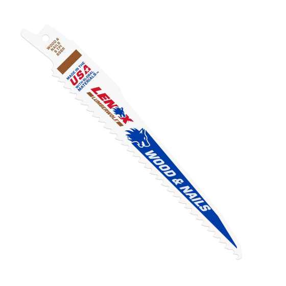 A LENOX Bi-Metal 6 in. Reciprocating Saw Blade (5-Pack) against a white background features the blue text WOOD & NAILS and logos highlighting its USA origin, plus a stylized blue wolf logo. The bi-metal construction ensures durability for tough jobs.