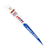 A LENOX Bi-Metal 6 in. Reciprocating Saw Blade (5-Pack) against a white background features the blue text WOOD & NAILS and logos highlighting its USA origin, plus a stylized blue wolf logo. The bi-metal construction ensures durability for tough jobs.