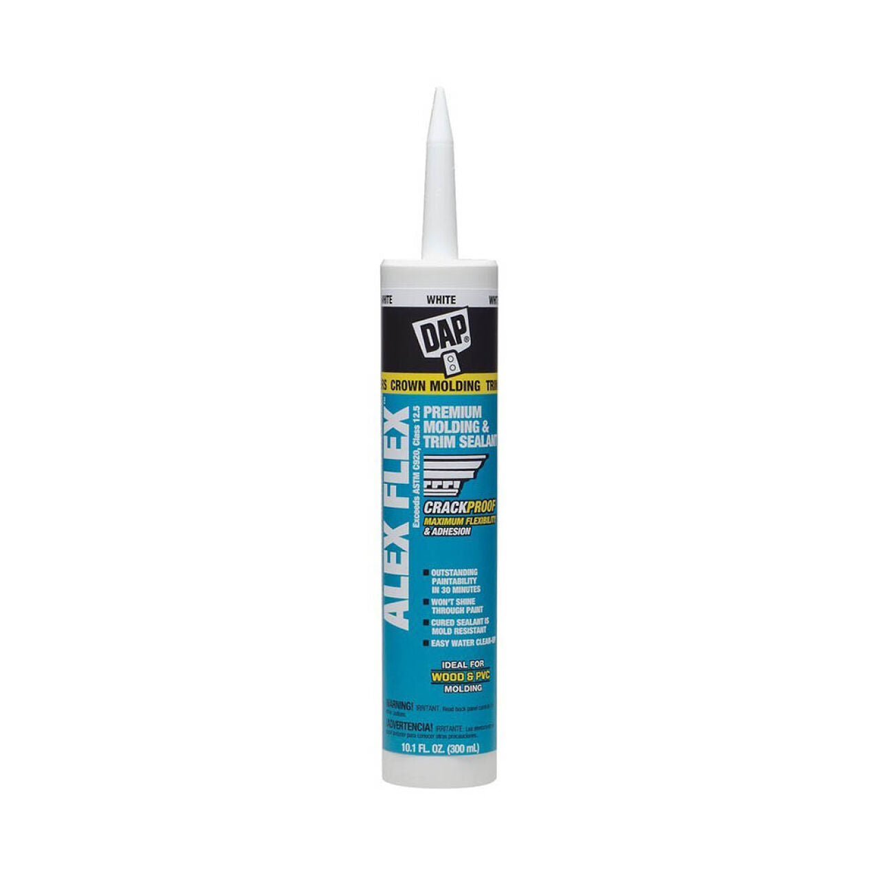 A 10.1 oz. tube of DAP Alex Flex Premium Molding & Trim Caulk - White, featuring blue and white branding, stands upright with a white nozzle against a plain white background.