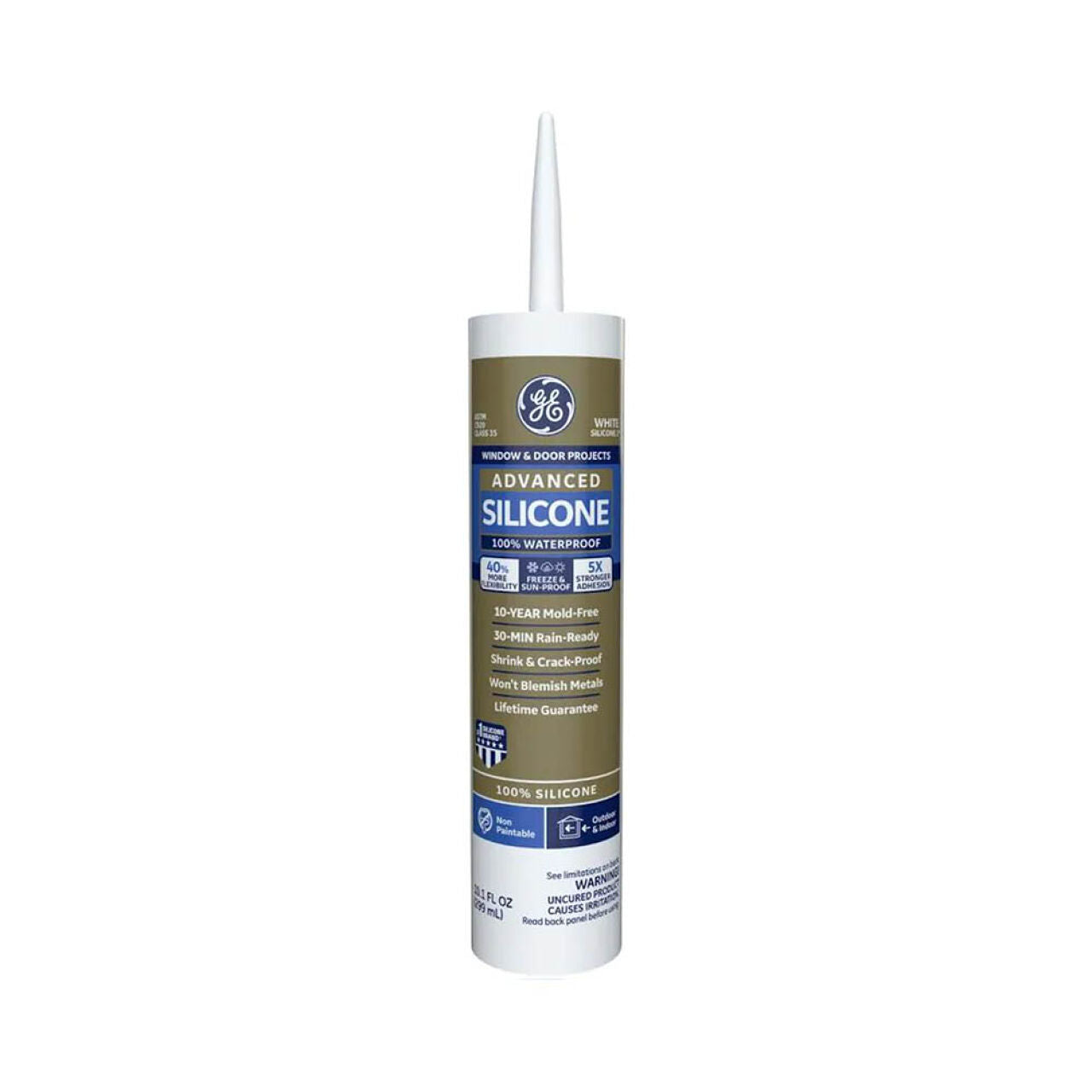 A 10.1 oz. tube of Go Build Advanced Silicone 2+ Window & Door Silicone Caulk - White, featuring a white nozzle and blue, white, and gold label with product details and specs from The Fastest Way To Build brand.