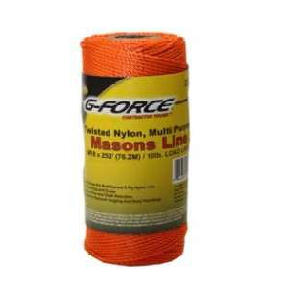 The G FORCE 27130 Twisted Nylon Mason Line in neon orange (#18 x 250 ft. tube) features a yellow label and is perfect for construction, measuring, and masonry layout line tasks.