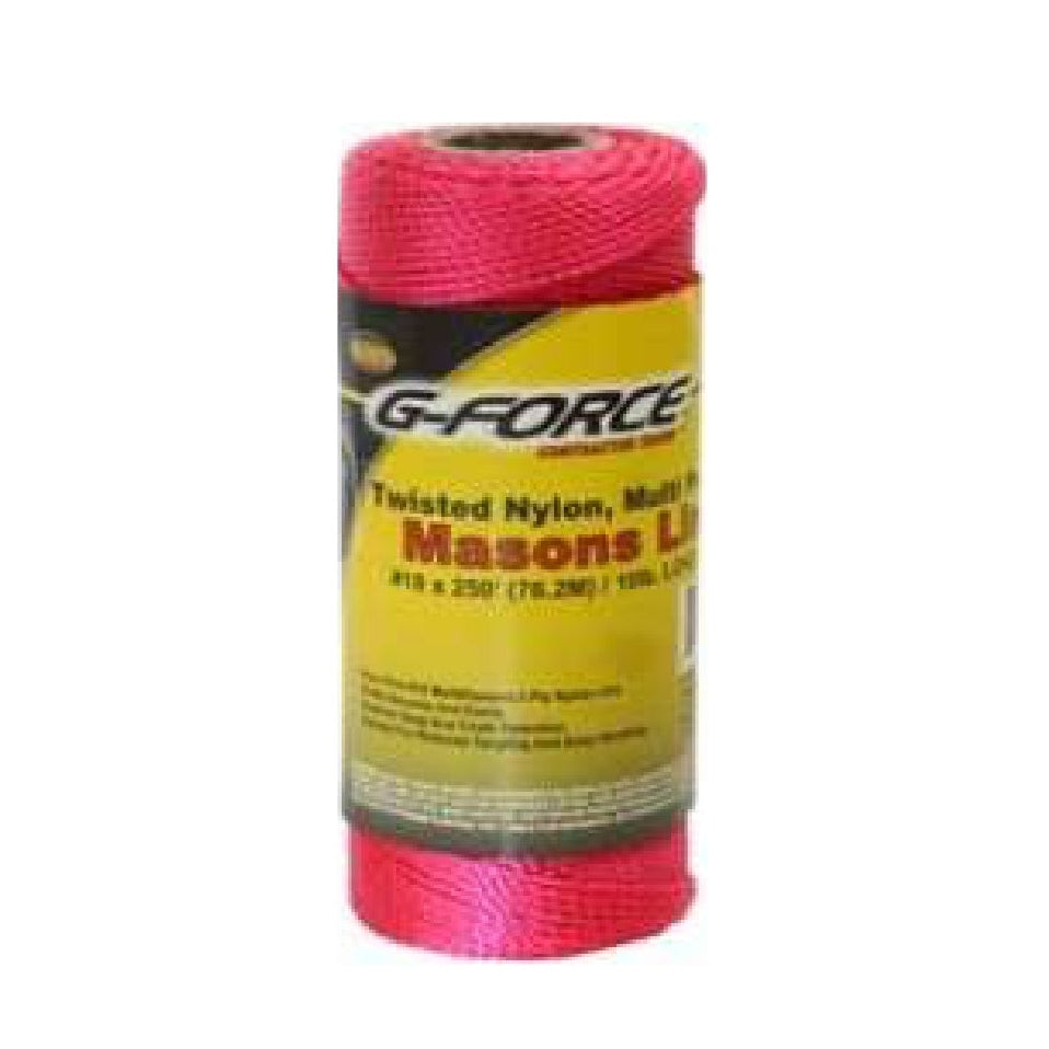 The G FORCE 27135 Twisted Nylon Mason Line (#18, neon pink, 250 ft.) is ideal for construction layout, featuring a durable design with a yellow and black label.