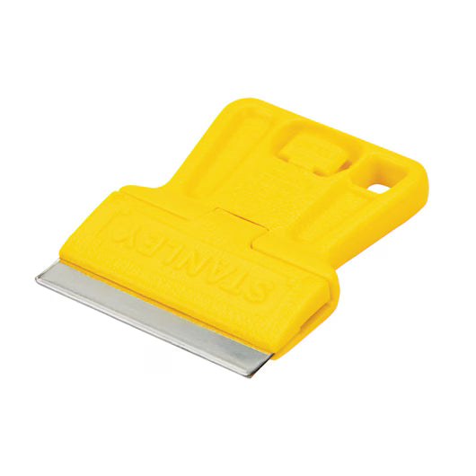 The STANLEY 1-3/16 in High Visibility Mini-Razor Blade Scraper features a textured grip and hanging hole, making it ideal for removing paint, stickers, adhesive, or debris from surfaces with its flat metal blade.