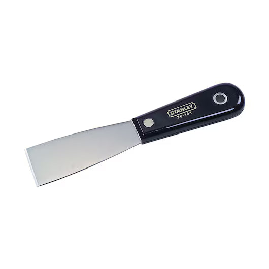 The STANLEY 1-1/2 IN Nylon Handle Stiff Blade Putty Knife features a wide, stiff metal blade and a black nylon handle, with the Stanley branding on the label.