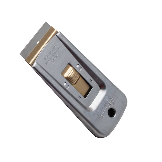 The STANLEY® Professional Glass Scraper by STANLEY features a retractable, replaceable blade, an easy-to-use thumb slider for blade adjustment, and a convenient hanging hole for storage.