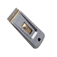 The STANLEY® Professional Glass Scraper by STANLEY features a retractable, replaceable blade, an easy-to-use thumb slider for blade adjustment, and a convenient hanging hole for storage.