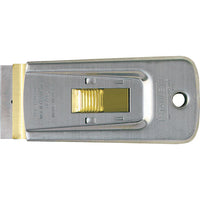 The STANLEY® Professional Glass Scraper by STANLEY features a gold sliding button for blade adjustment, a rectangular shape with rounded end, hanging hole, and replaceable blade—ideal for tough glass scraping tasks.