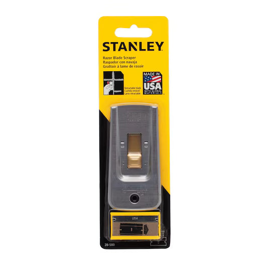 The STANLEY® Professional Glass Scraper features a replaceable metal blade, yellow and black label, Made in USA badge, and bilingual English-Spanish info—an essential addition to any professional tool kit.