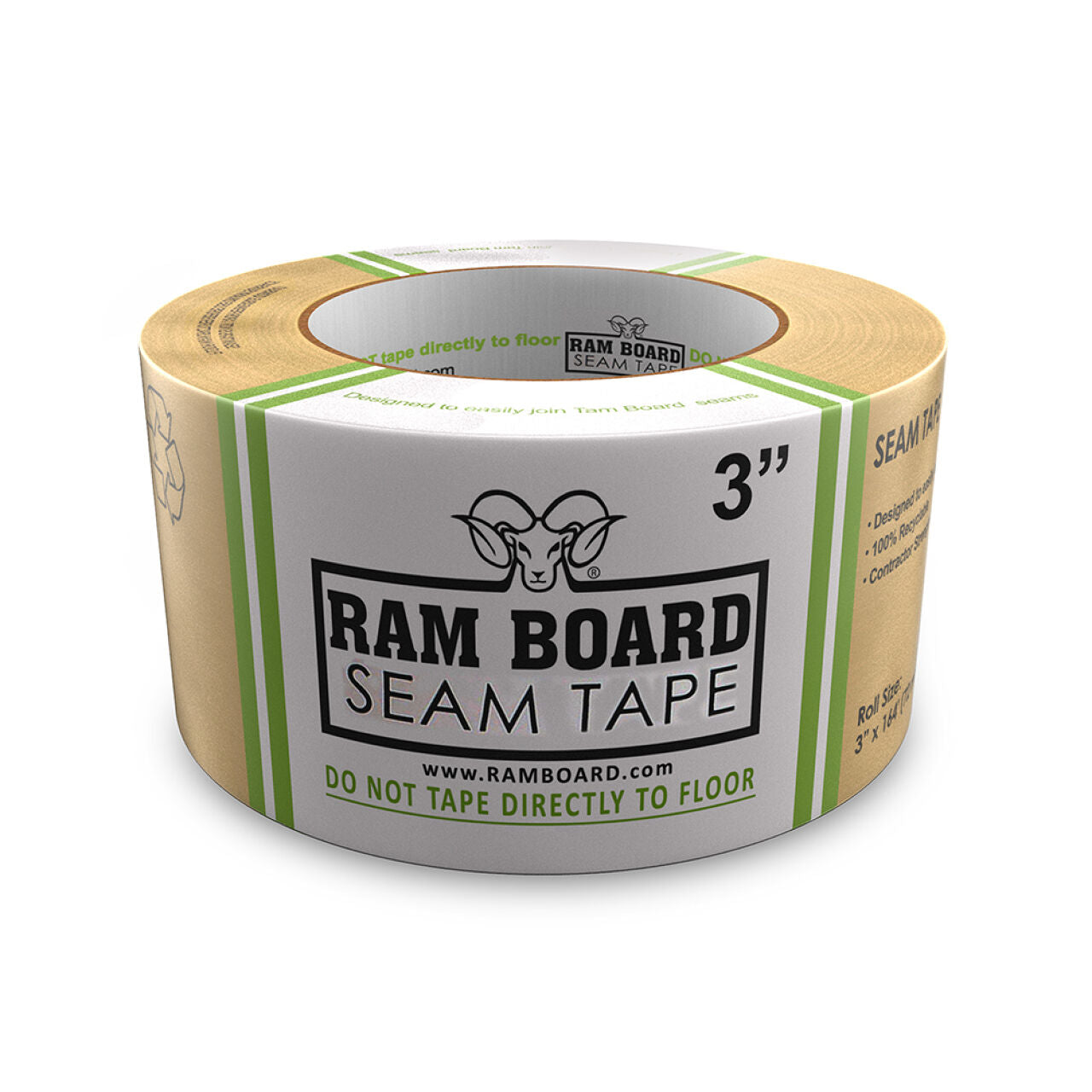 A 3 in. x 164 ft. Seam Tape Board from Go Build, The Fastest Way To Build, with a brown exterior and white label featuring the logo, ram’s head, and a caution not to tape to floors. Contractor Grade Adhesive ensures secure hold.