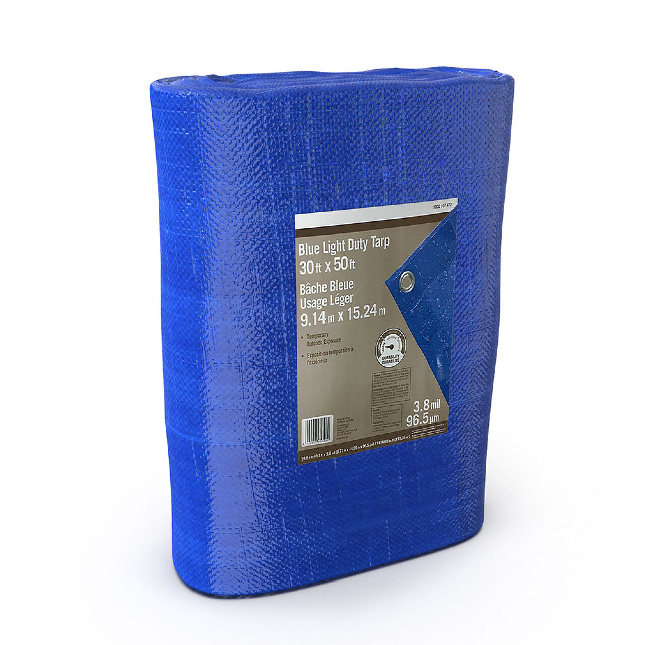 A Go Build 30 ft. x 50 ft. Light Duty Tarp in blue (3.8 mil thick, water resistant) is shown folded with size label, displayed on a white background. Brand: Go Build, The Fastest Way To Build.