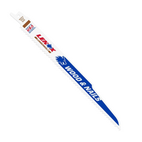 The LENOX Bi-Metal 9 in. Reciprocating Saw Blade, featuring POWER BLAST TECHNOLOGY and a jagged edge, displays Wood & Nails with the blue Lenox horse logo. The pack of five includes a small American flag and USA.