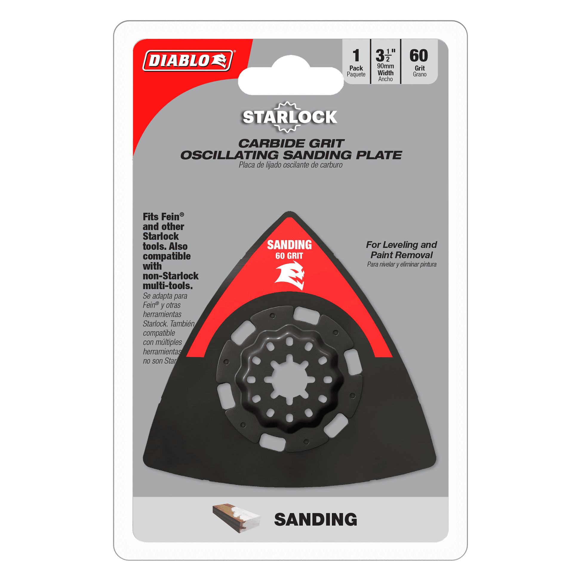 The DIABLO DOS60CGSP 3-1/2 in. 60-Grit Starlock Oscillating Sanding Plate by Diablo is ideal for leveling and paint removal, compatible with Fein and other Starlock multi-tools, offering a 60-grit surface for effective sanding.