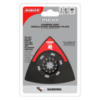 The DIABLO DOS60CGSP 3-1/2 in. 60-Grit Starlock Oscillating Sanding Plate by Diablo is ideal for leveling and paint removal, compatible with Fein and other Starlock multi-tools, offering a 60-grit surface for effective sanding.