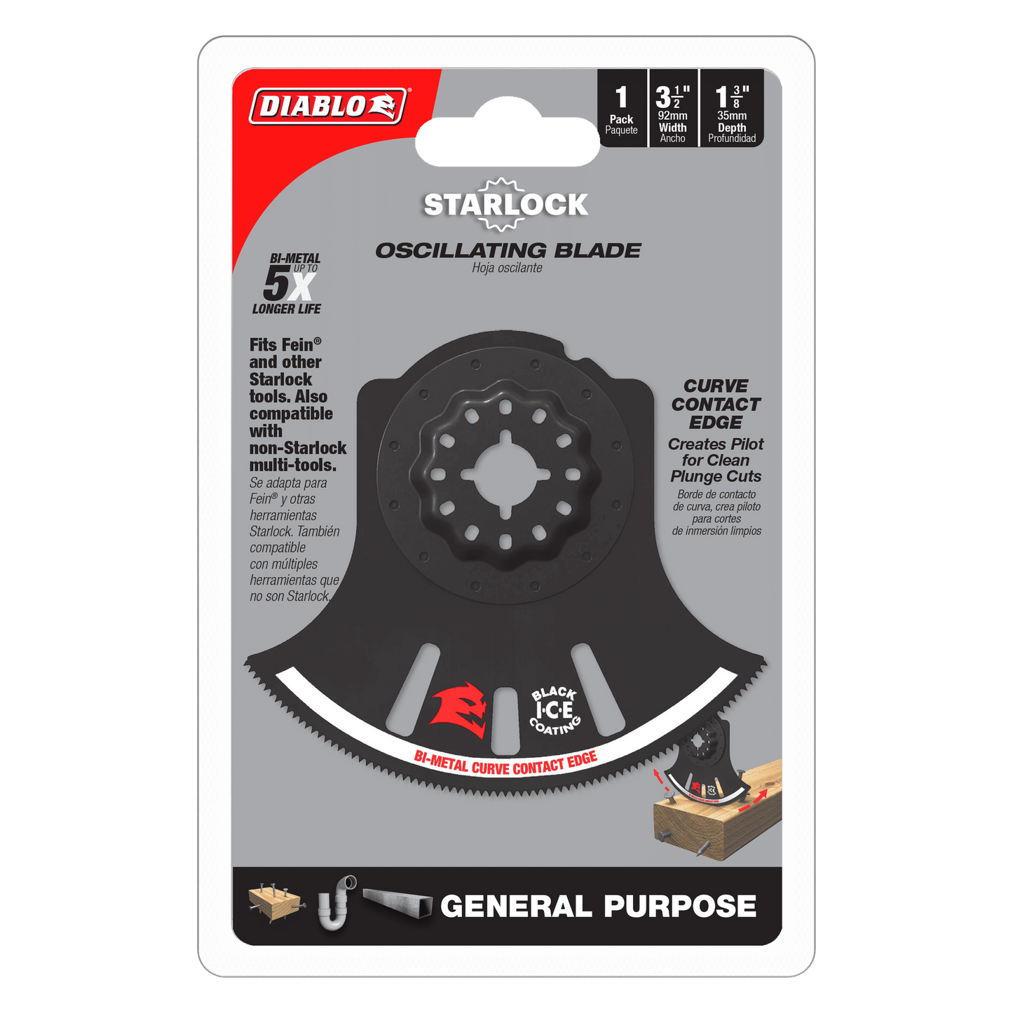 Packaging of the Diablo DOS350RBGP Demo Demon™ Starlock oscillating blade showcases a black bi-metal blade with ultra-hardened and curve contact edges, emphasizing its 5x longer lifespan, compatibility with multiple tools, and ability to cut wood, metal, and plastic.