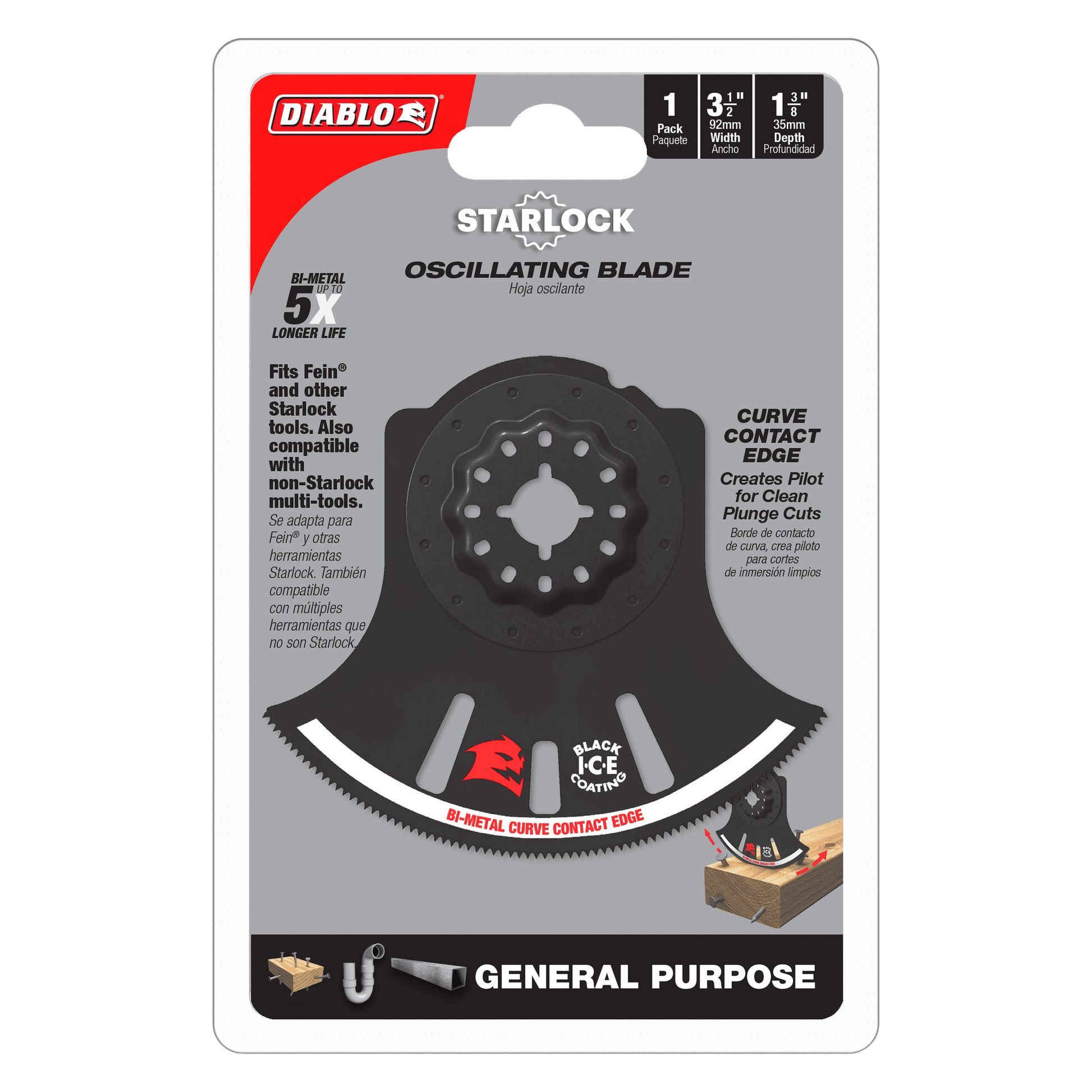 Packaging of the Diablo DOS350RBGP Demo Demon™ Starlock oscillating blade showcases a black bi-metal blade with ultra-hardened and curve contact edges, emphasizing its 5x longer lifespan, compatibility with multiple tools, and ability to cut wood, metal, and plastic.