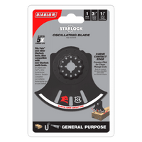Packaging of the Diablo DOS350RBGP Demo Demon™ Starlock oscillating blade showcases a black bi-metal blade with ultra-hardened and curve contact edges, emphasizing its 5x longer lifespan, compatibility with multiple tools, and ability to cut wood, metal, and plastic.