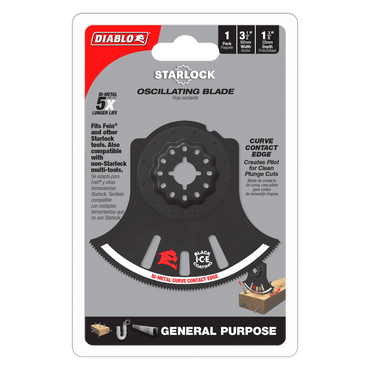 Packaging of the Diablo DOS350RBGP Demo Demon™ Starlock oscillating blade showcases a black bi-metal blade with ultra-hardened and curve contact edges, emphasizing its 5x longer lifespan, compatibility with multiple tools, and ability to cut wood, metal, and plastic.
