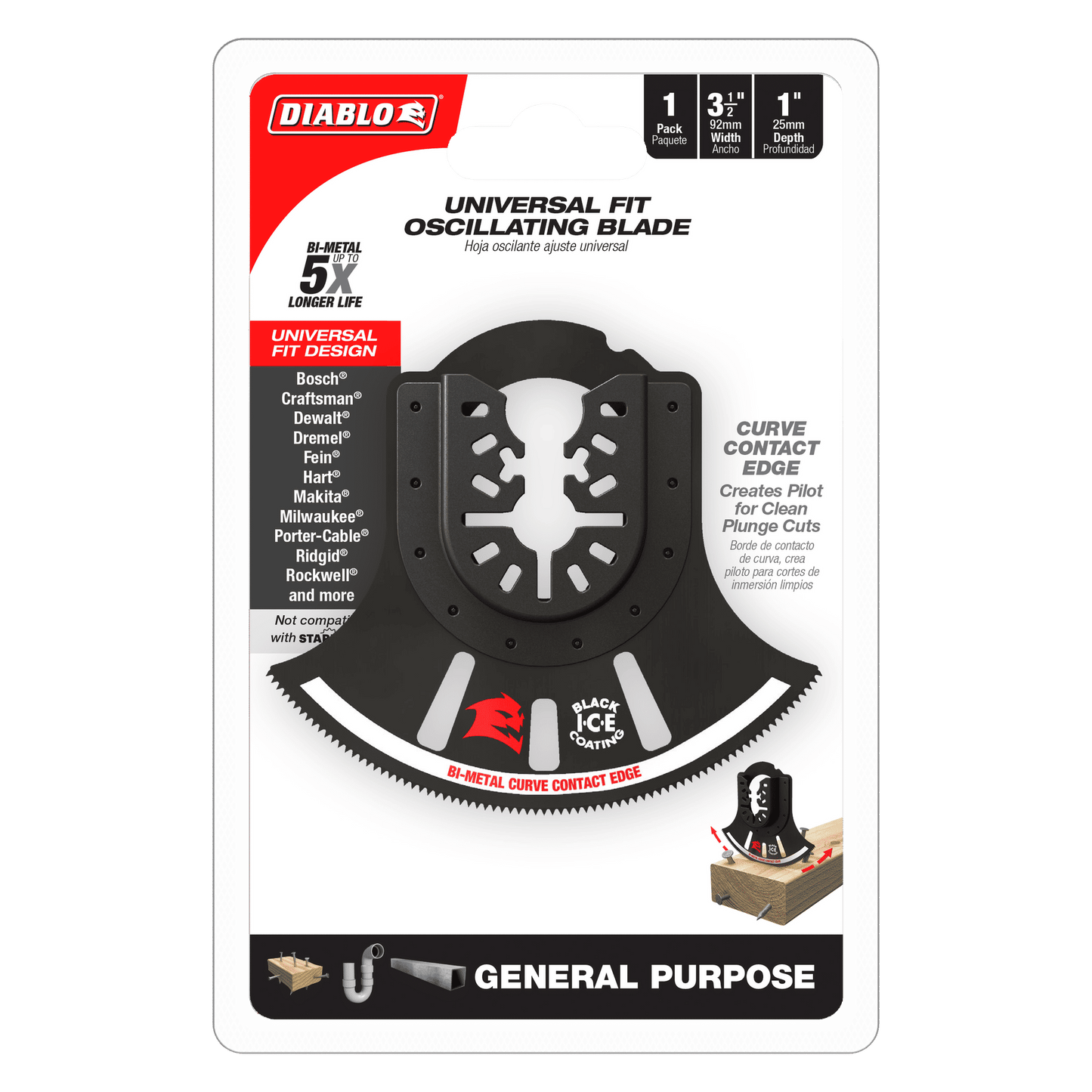 The packaging highlights the Diablo DOU350RBGP Demo Demon™ 3-1/2 in. bi-metal oscillating blade, featuring ultra-hardened cutting edge, black ice coating, curve contact design, and universal fit for various tools, emphasizing its durability and suitability for general-purpose cuts.