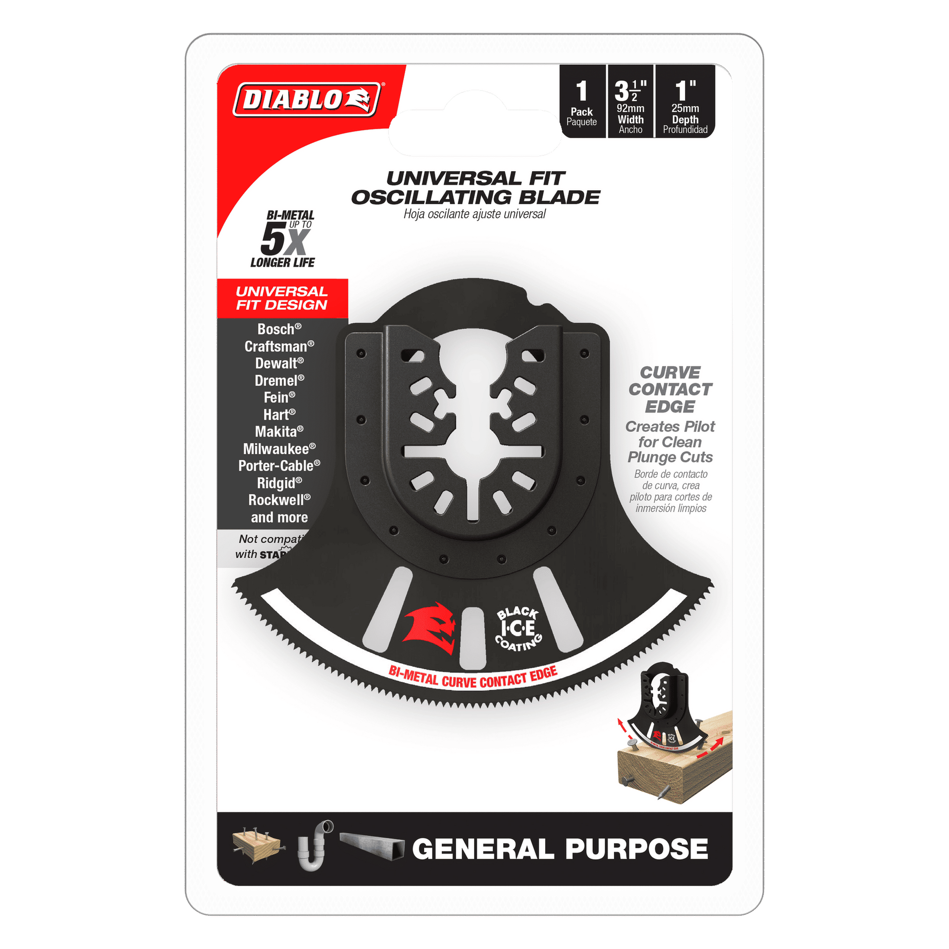 The packaging highlights the Diablo DOU350RBGP Demo Demon™ 3-1/2 in. bi-metal oscillating blade, featuring ultra-hardened cutting edge, black ice coating, curve contact design, and universal fit for various tools, emphasizing its durability and suitability for general-purpose cuts.