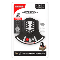 The packaging highlights the Diablo DOU350RBGP Demo Demon™ 3-1/2 in. bi-metal oscillating blade, featuring ultra-hardened cutting edge, black ice coating, curve contact design, and universal fit for various tools, emphasizing its durability and suitability for general-purpose cuts.