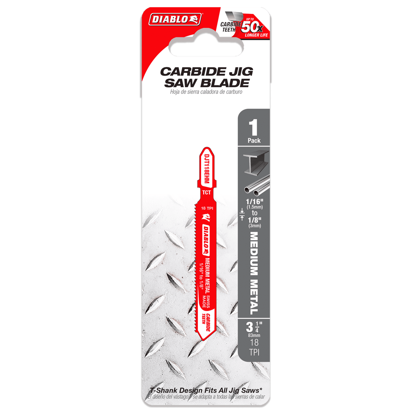 The DIABLO DJT118EHM 3-1/4 in. 18TPI Carbide T-Shank Jig Saw Blade is highlighted with a red design, perfect for cutting medium metal (1/16 - 3/16 thick). With carbide teeth and Perma-SHIELD® coating, it offers 50x longer life and efficient performance.