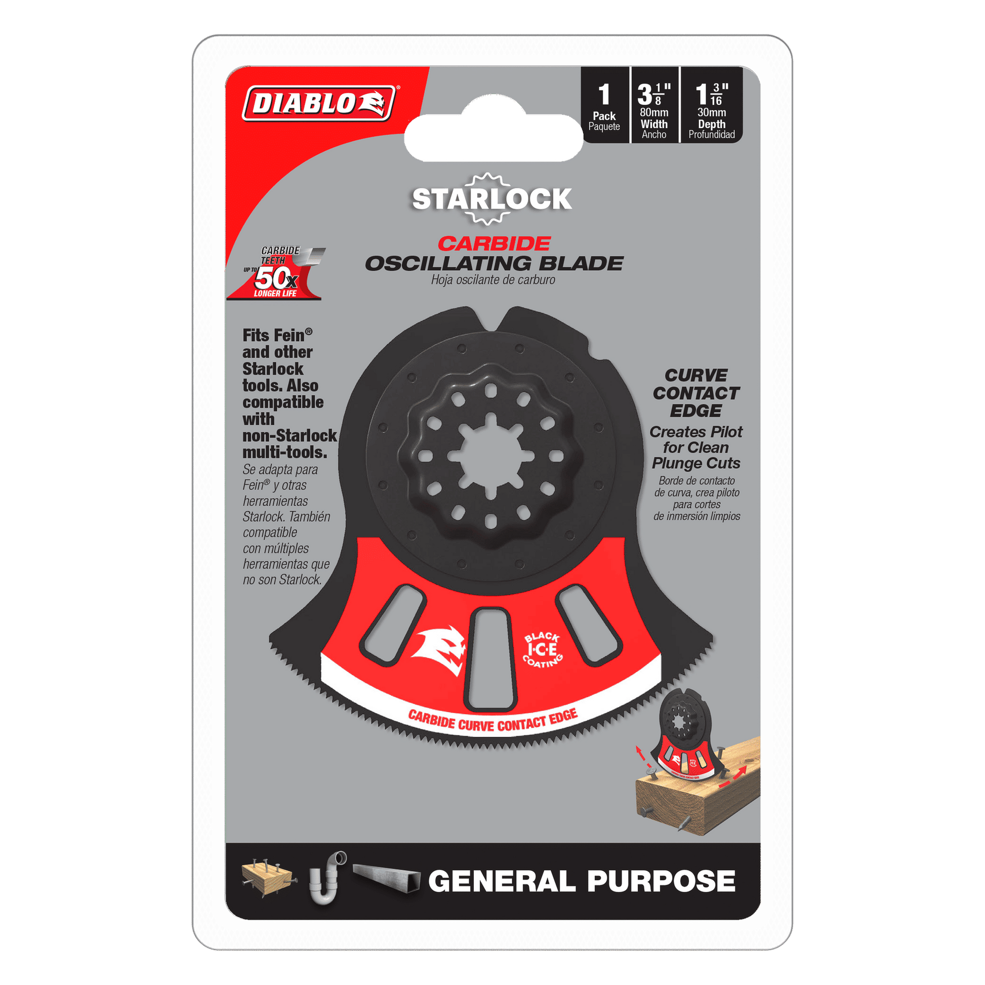 The DIABLO DOS3125RCGP blade features versatile plunge cuts, carbide teeth, a curve contact edge, and compatibility with Fein and Starlock tools for cutting materials with nails. Its packaging highlights these features in a striking red and black design.