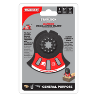 The DIABLO DOS3125RCGP blade features versatile plunge cuts, carbide teeth, a curve contact edge, and compatibility with Fein and Starlock tools for cutting materials with nails. Its packaging highlights these features in a striking red and black design.